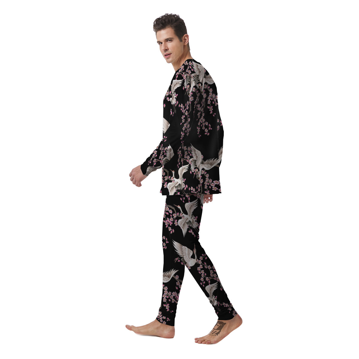 Bird Crane Watercolor Print Pattern Men's Pajamas-grizzshop