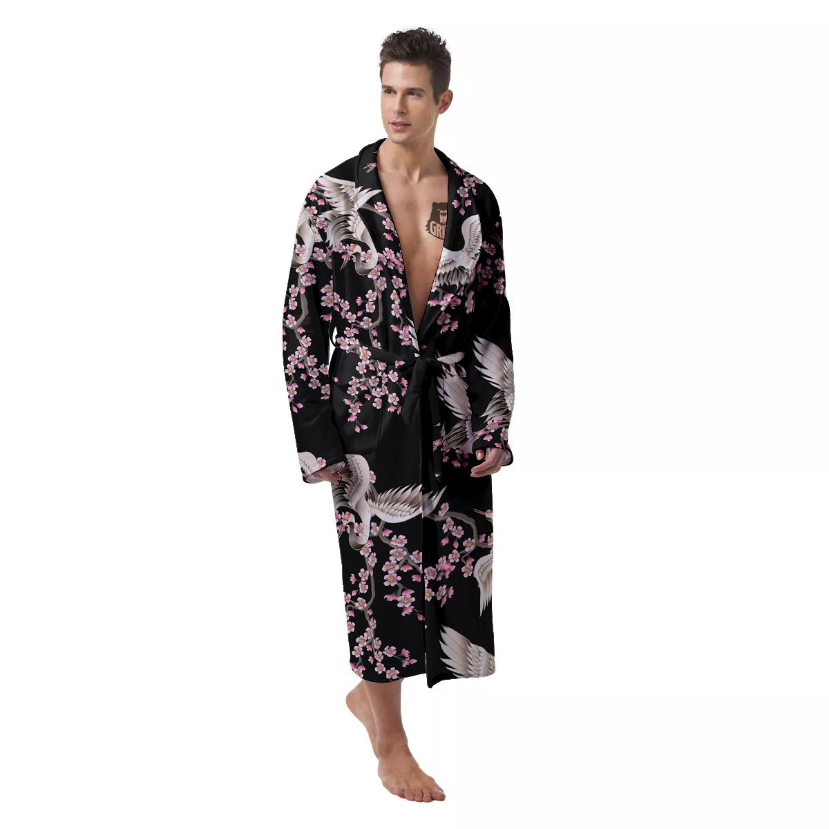 Bird Crane Watercolor Print Pattern Men's Robe-grizzshop