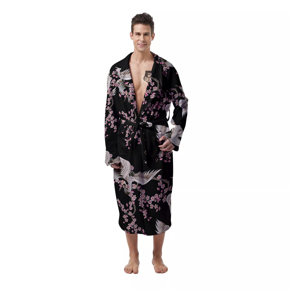 Bird Crane Watercolor Print Pattern Men's Robe-grizzshop