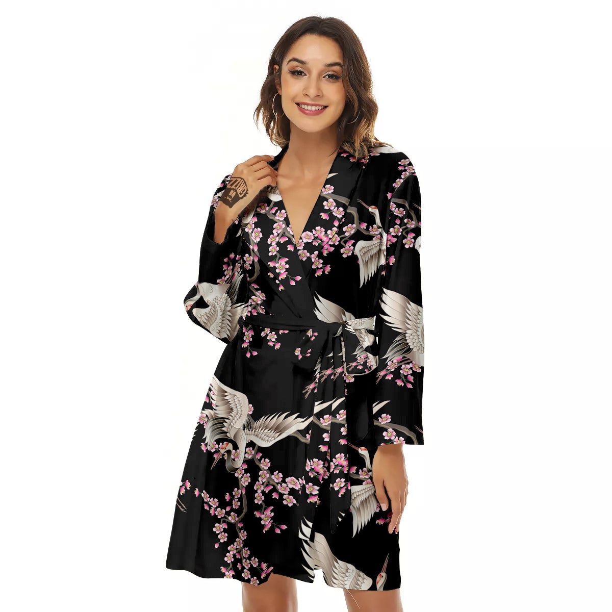 Bird Crane Watercolor Print Pattern Women's Robe-grizzshop
