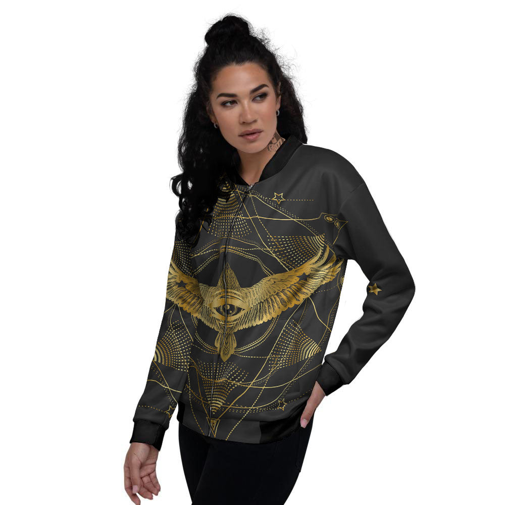 Bird Spiritual Golden Print Women's Bomber Jacket-grizzshop