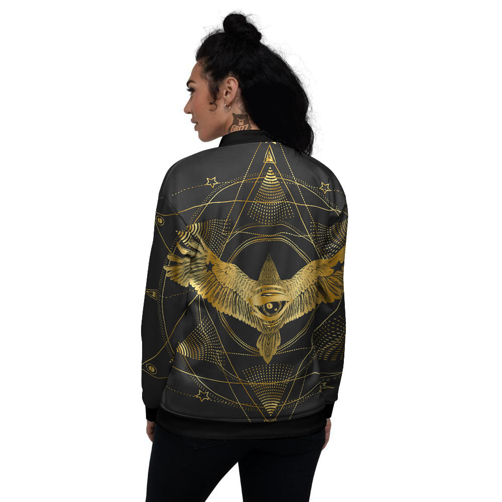 Bird Spiritual Golden Print Women's Bomber Jacket-grizzshop