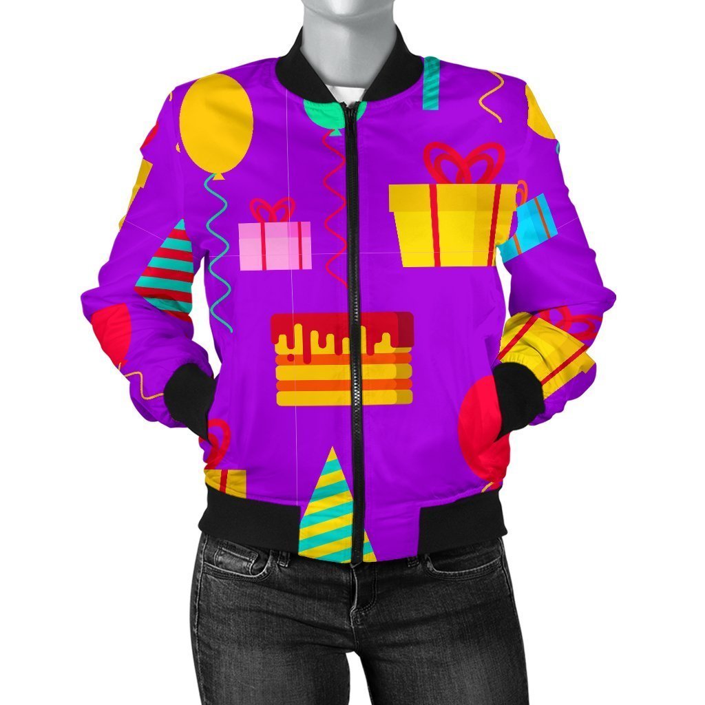 Birthday Pattern Print Women Casual Bomber Jacket-grizzshop
