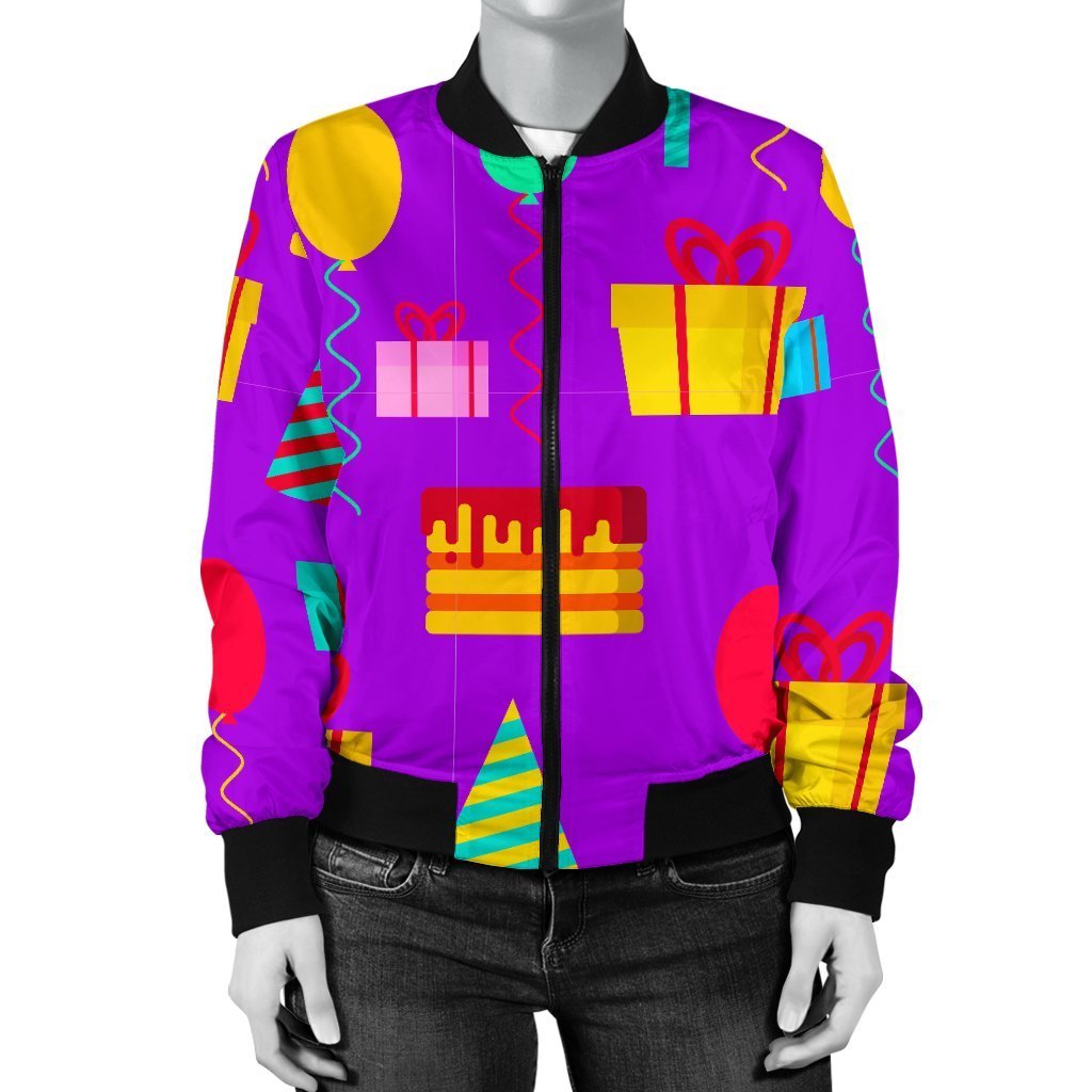 Birthday Pattern Print Women Casual Bomber Jacket-grizzshop
