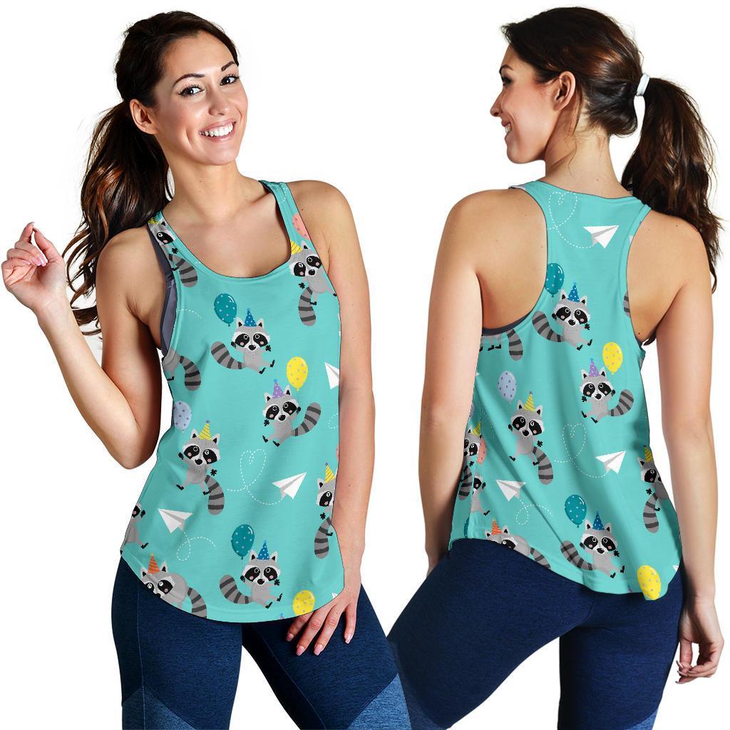 Birthday Raccoon Pattern Print Women's Racerback Tank Tops-grizzshop