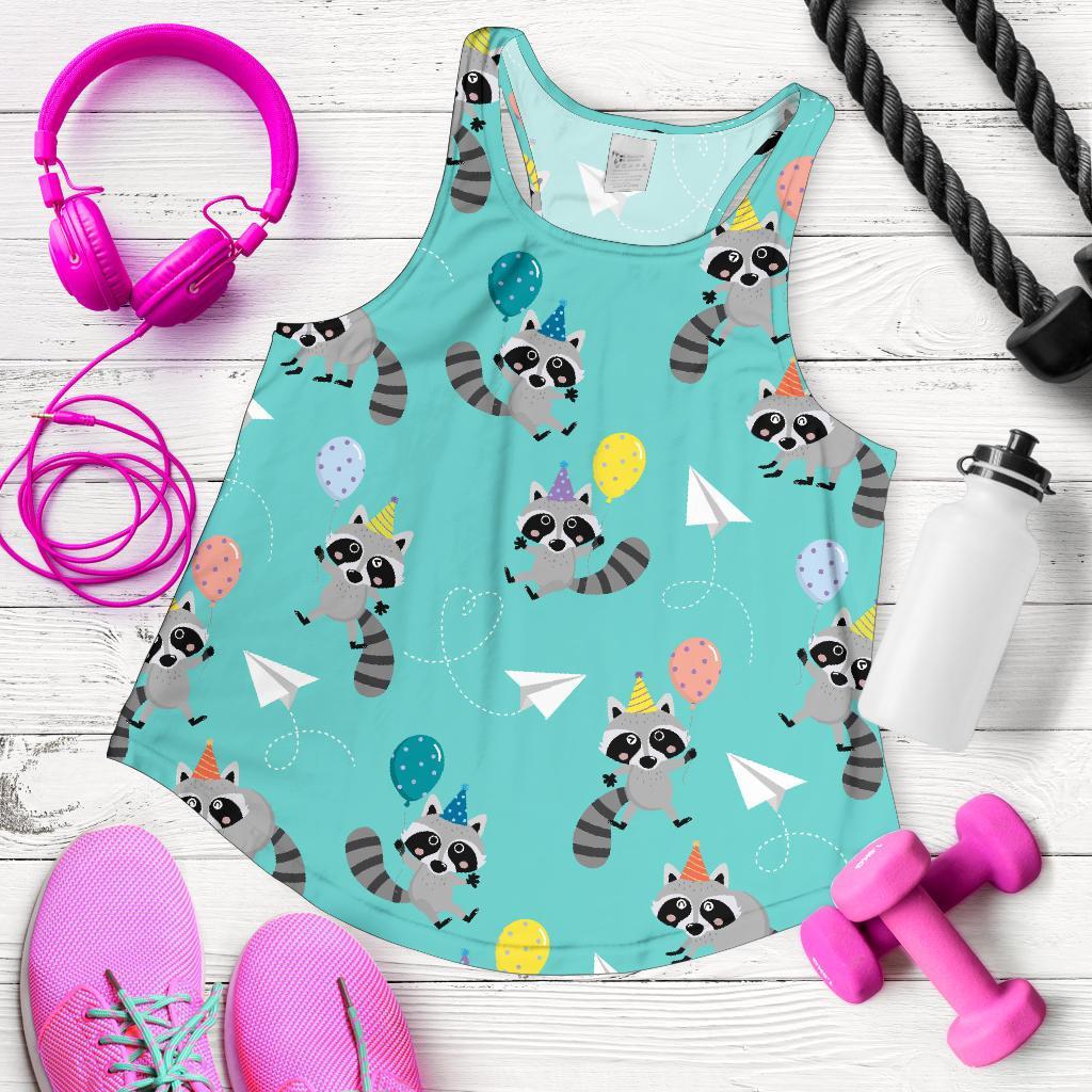 Birthday Raccoon Pattern Print Women's Racerback Tank Tops-grizzshop