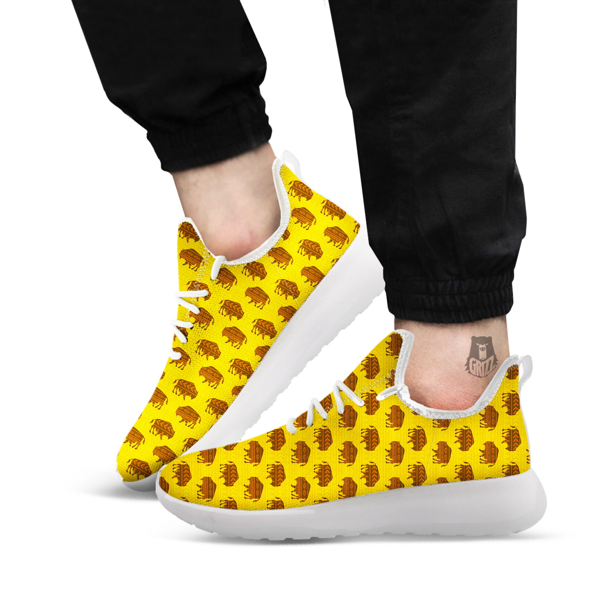Bison Aztec Print Pattern White Athletic Shoes-grizzshop