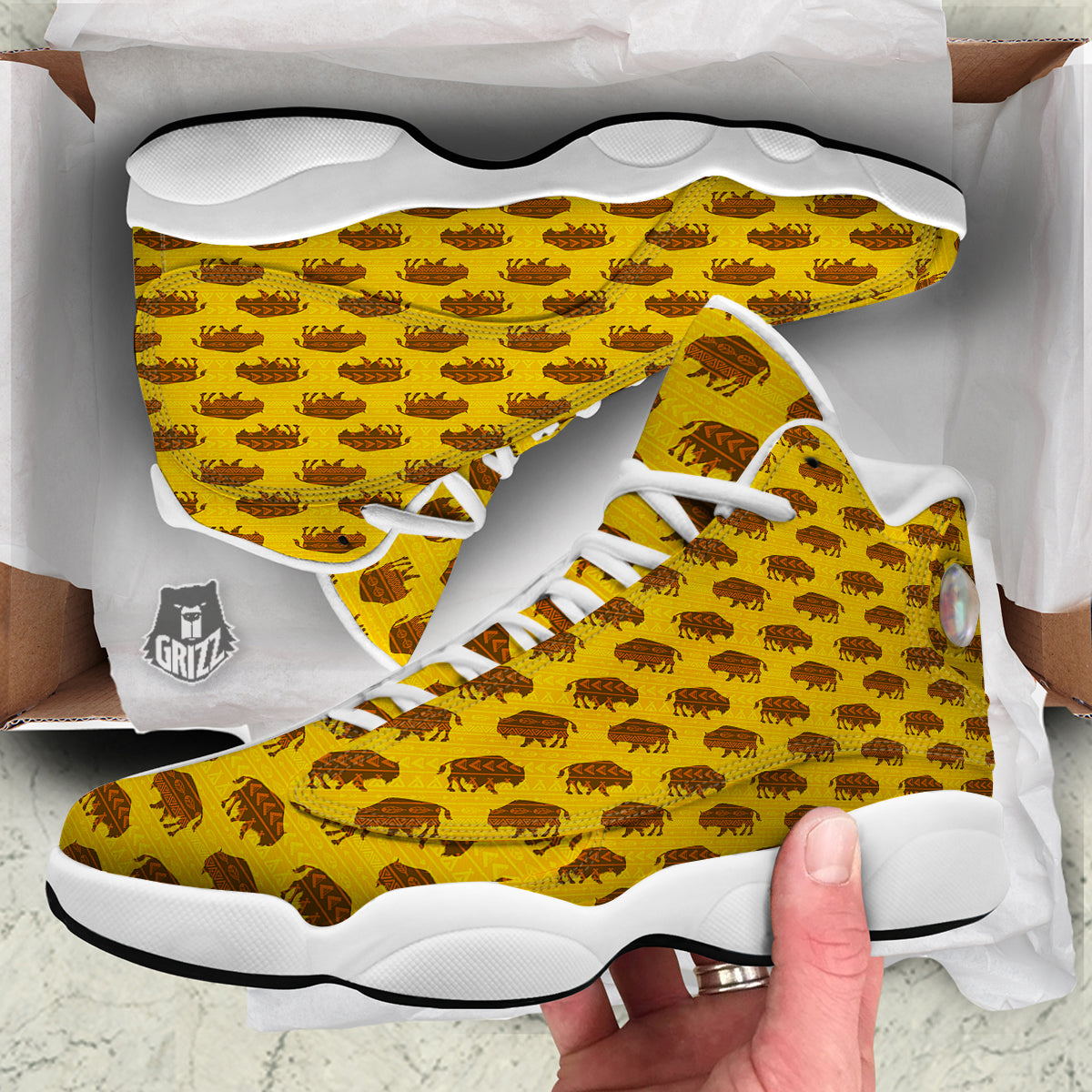 Bison Aztec Print Pattern White Basketball Shoes-grizzshop