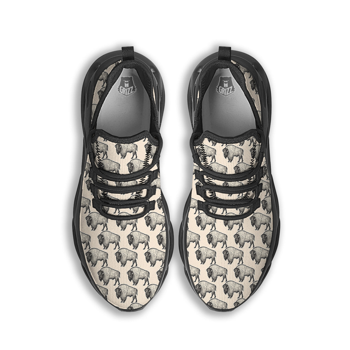 Bison Beige Print Pattern Black Running Shoes-grizzshop