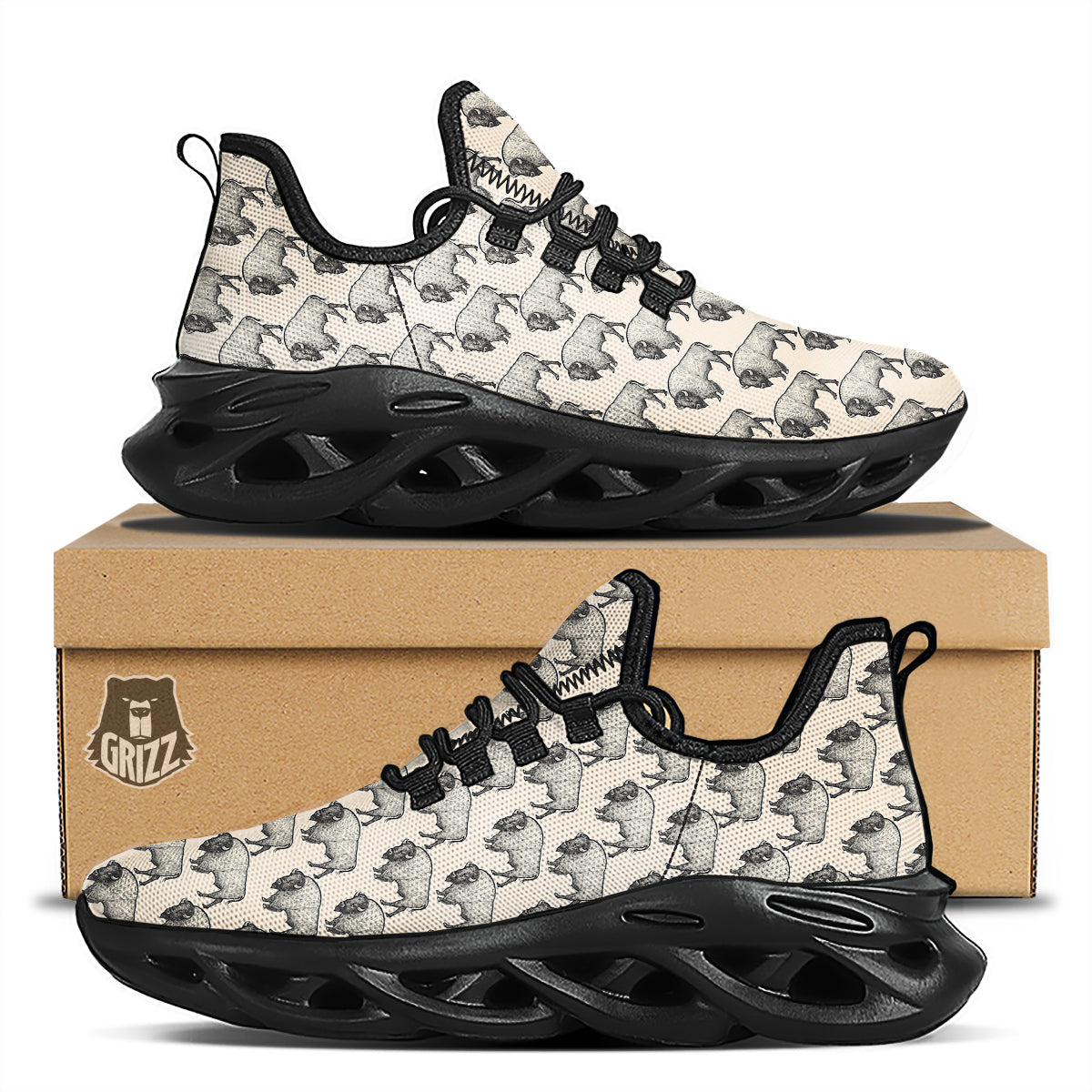 Bison Beige Print Pattern Black Running Shoes-grizzshop