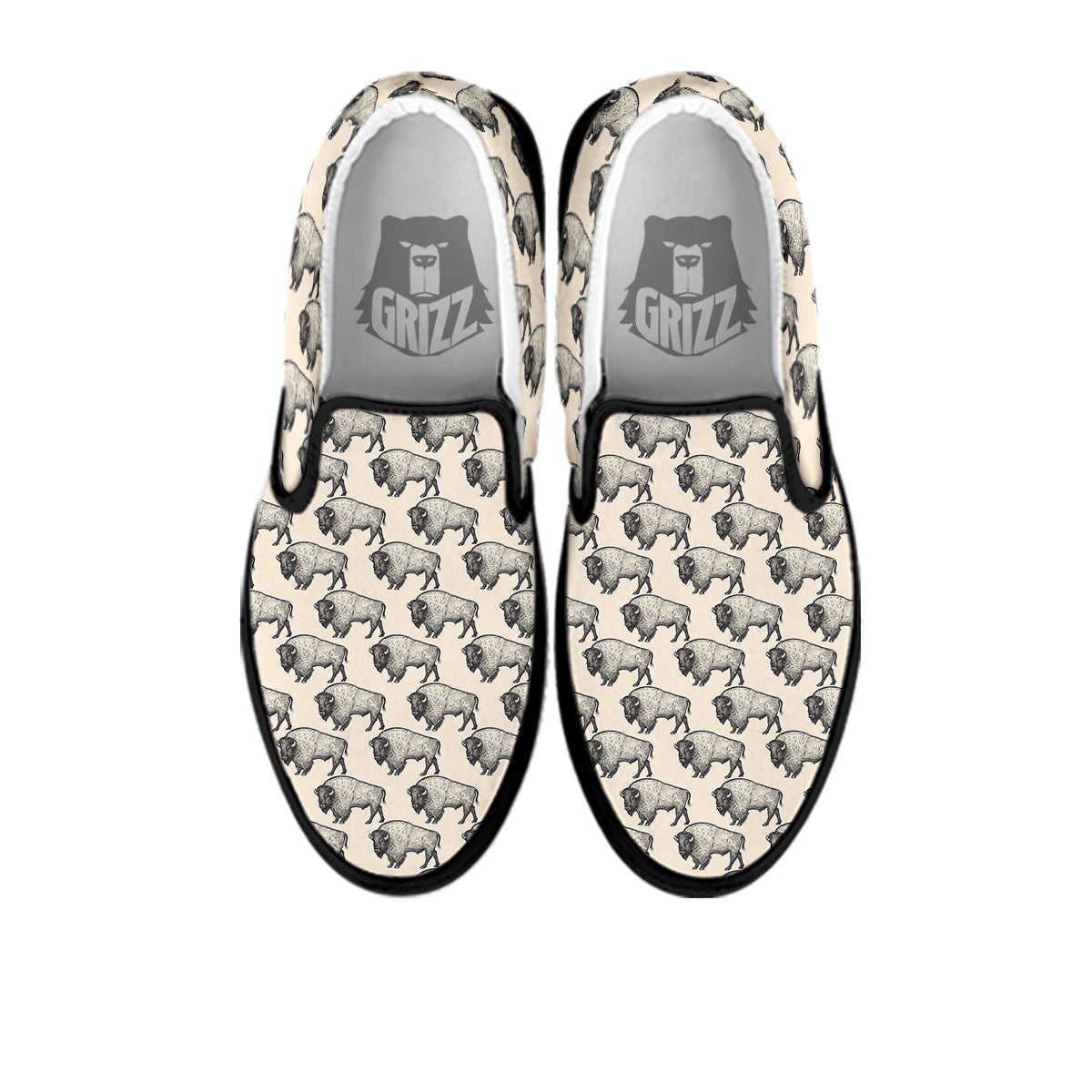 Bison Beige Print Pattern Black Slip On Shoes-grizzshop