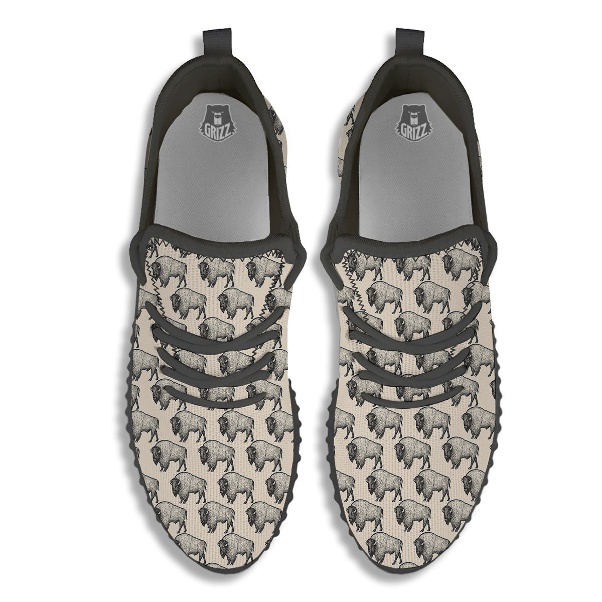 Bison Beige Print Pattern Black Walking Shoes-grizzshop