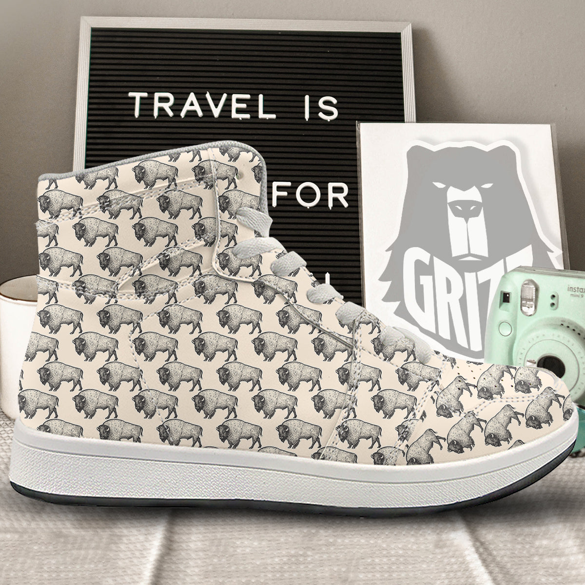 Bison Beige Print Pattern High Top Sneakers-grizzshop