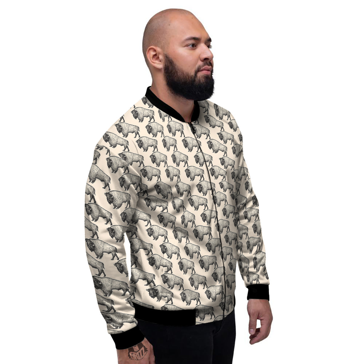 Bison Beige Print Pattern Men's Bomber Jacket-grizzshop