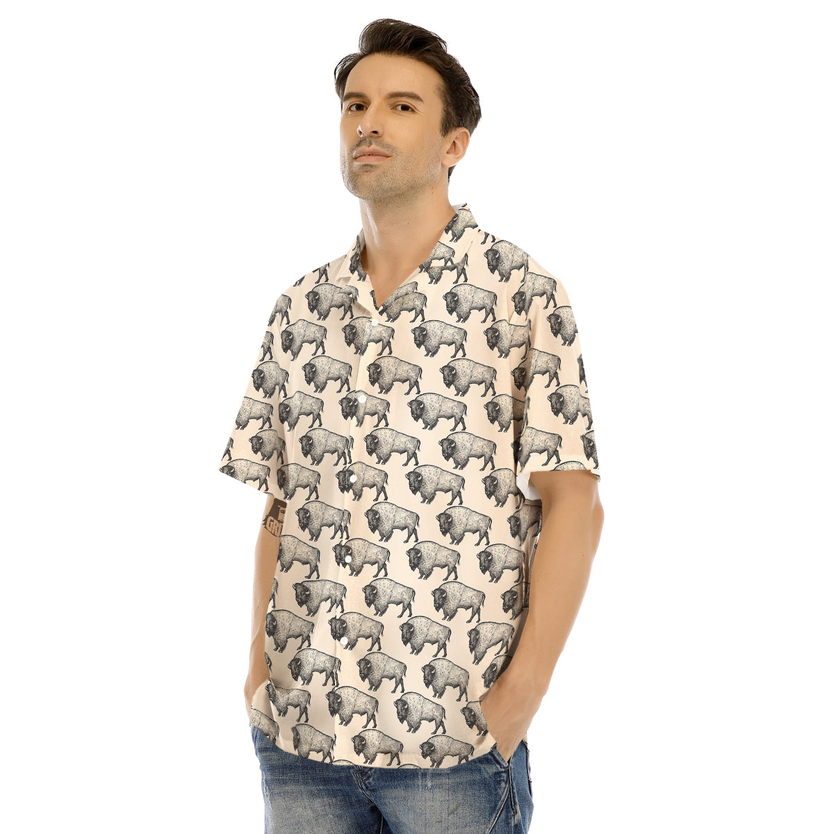 Bison Beige Print Pattern Men's Hawaiian Shirt-grizzshop