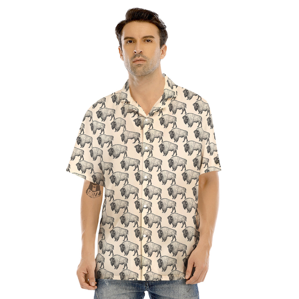 Bison Beige Print Pattern Men's Hawaiian Shirt-grizzshop