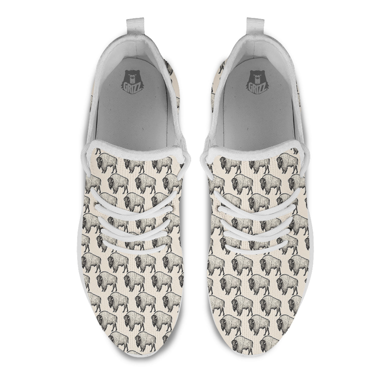 Bison Beige Print Pattern White Athletic Shoes-grizzshop