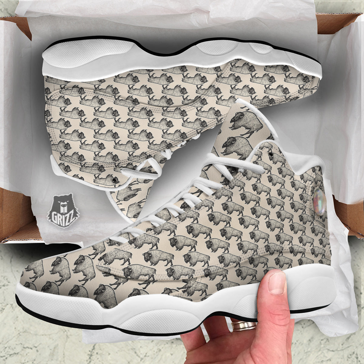 Bison Beige Print Pattern White Basketball Shoes-grizzshop
