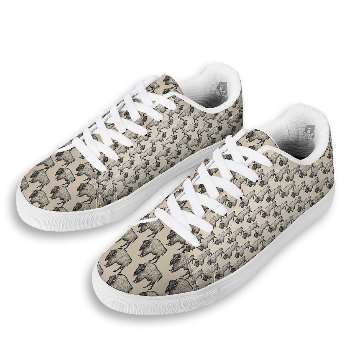 Bison Beige Print Pattern White Low Top Sneakers-grizzshop