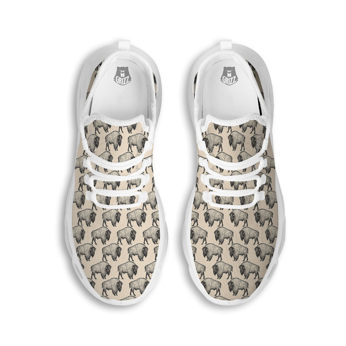 Bison Beige Print Pattern White Running Shoes-grizzshop