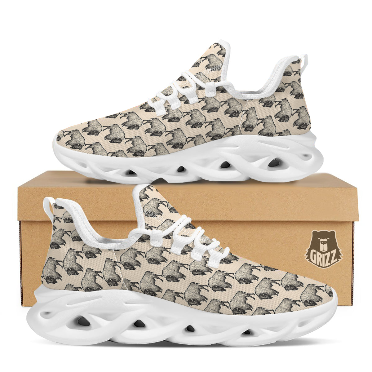Bison Beige Print Pattern White Running Shoes-grizzshop