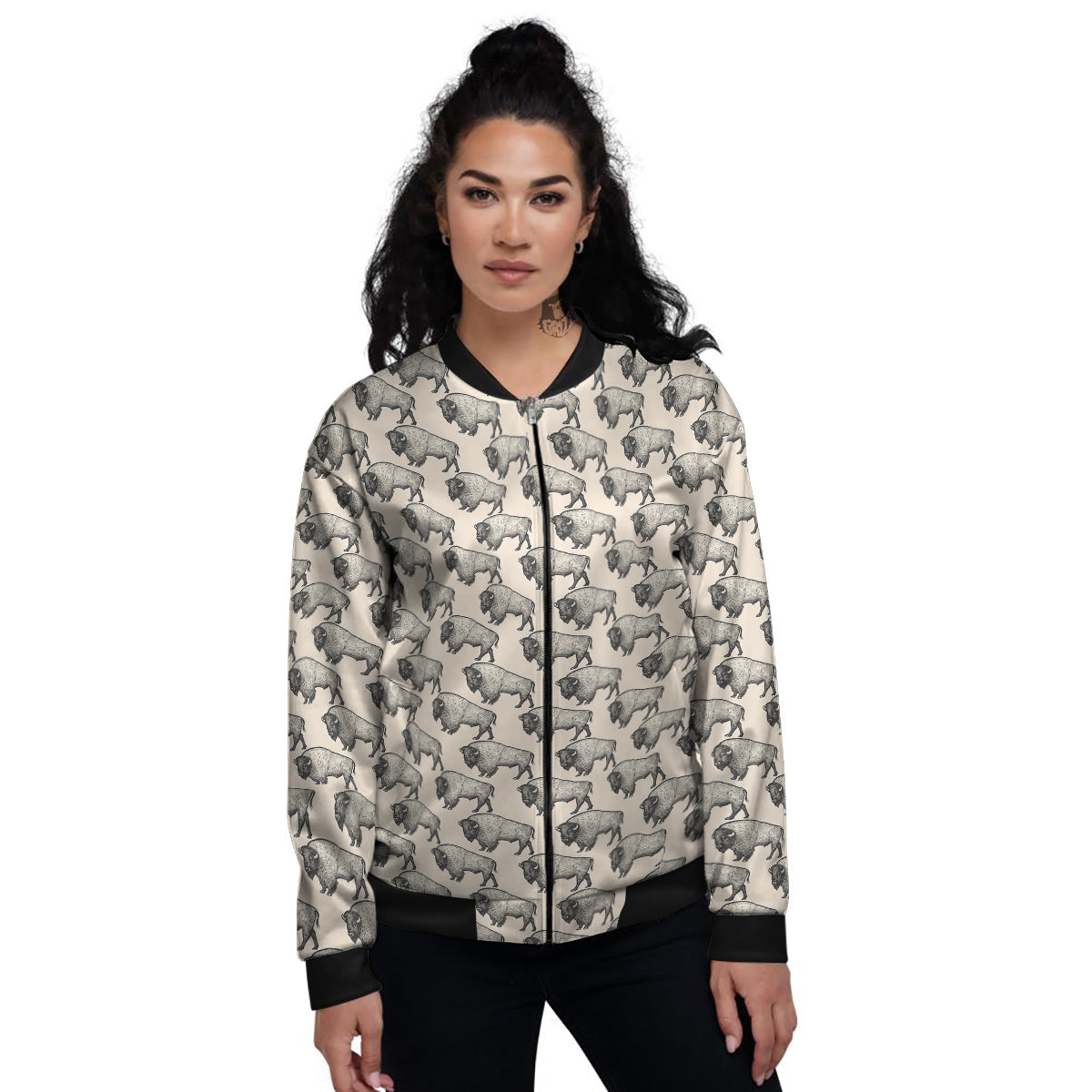 Bison Beige Print Pattern Women's Bomber Jacket-grizzshop