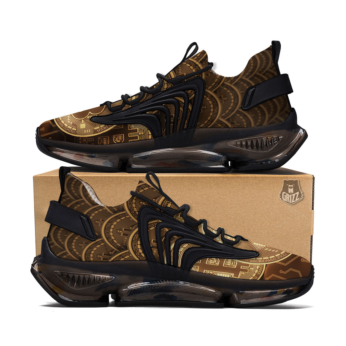 Bitcoin Symbol Gold Print Black Gym Shoes-grizzshop