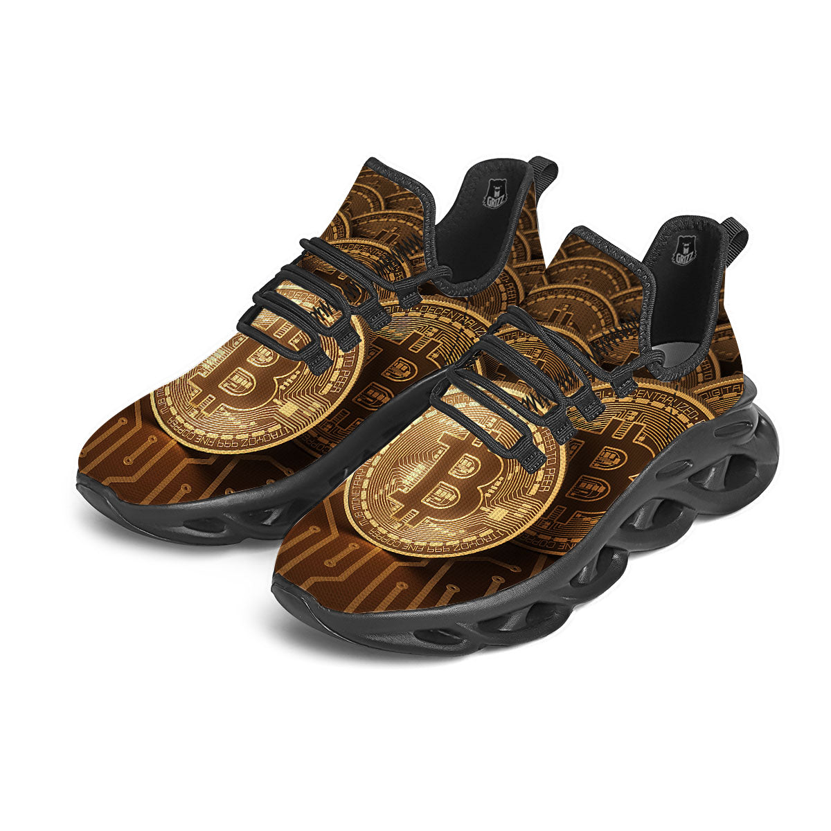 Bitcoin Symbol Gold Print Black Running Shoes-grizzshop