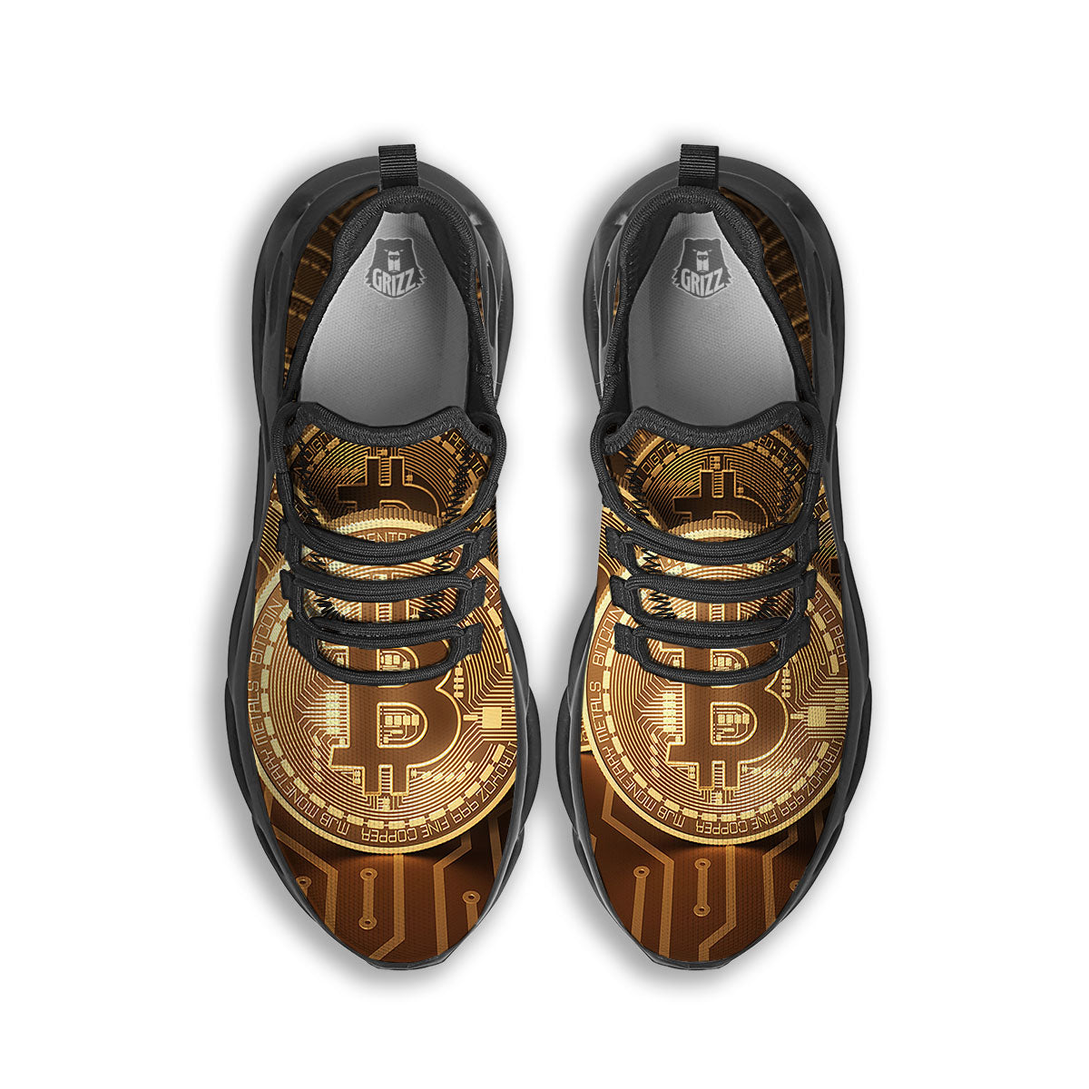 Bitcoin Symbol Gold Print Black Running Shoes-grizzshop