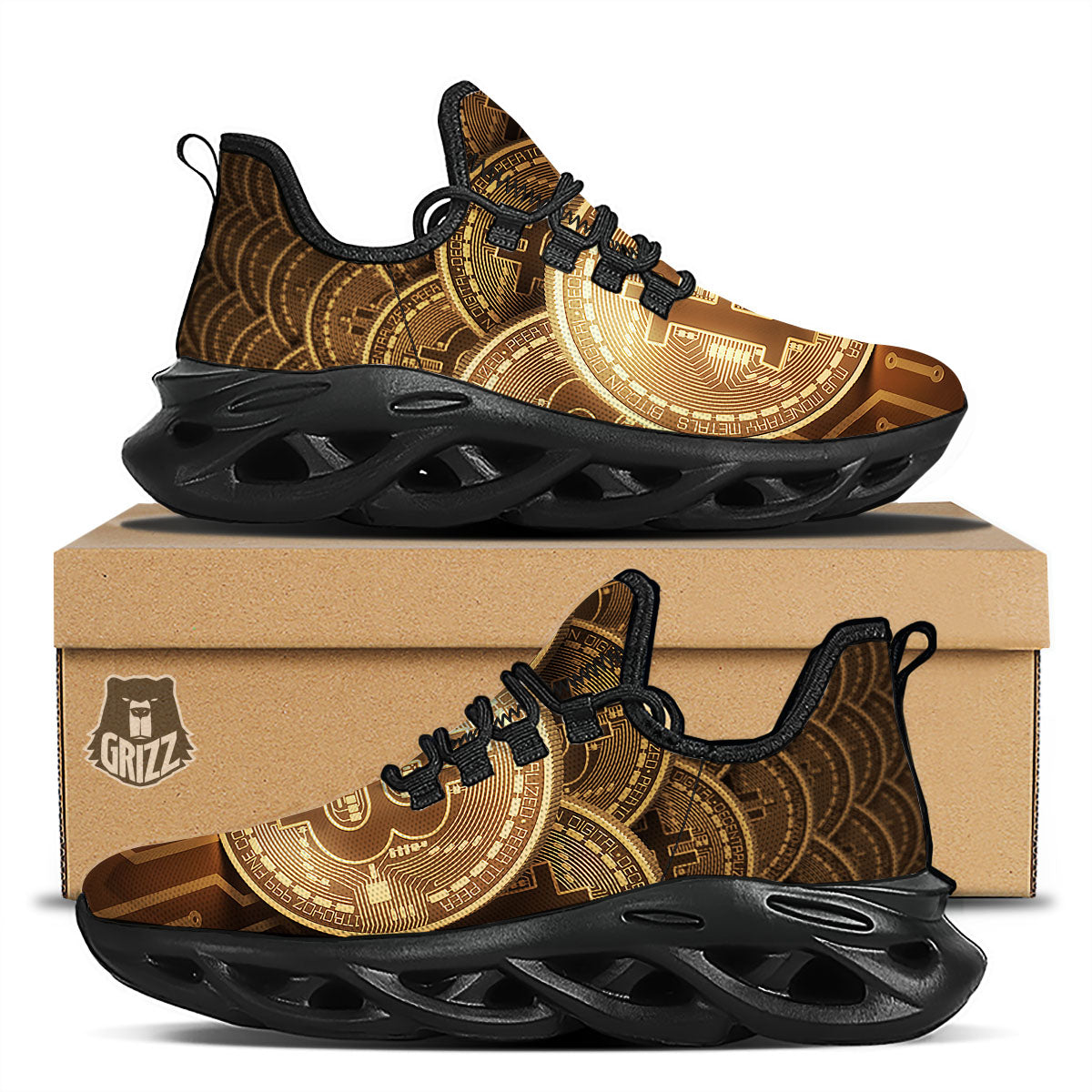 Bitcoin Symbol Gold Print Black Running Shoes-grizzshop