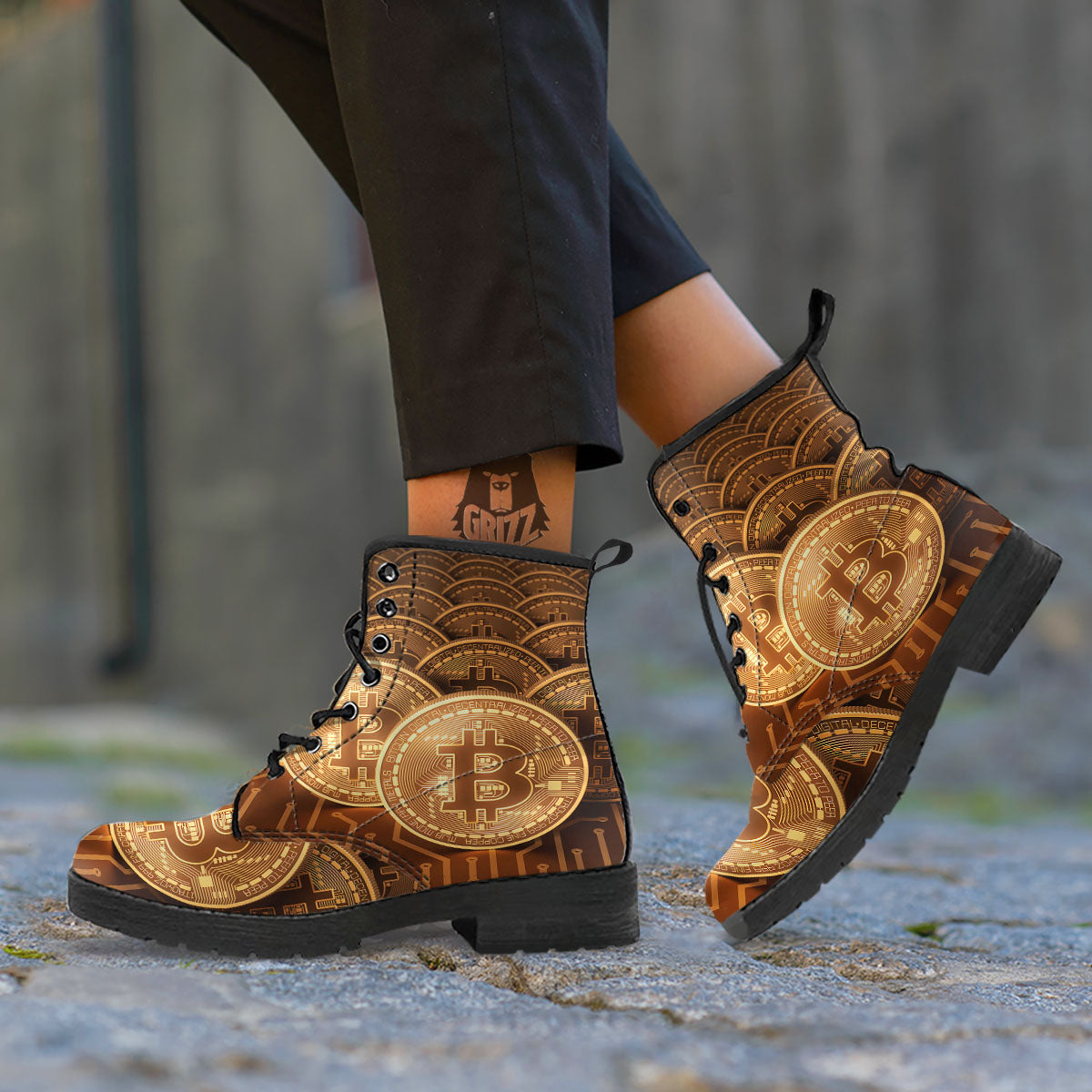Bitcoin Symbol Gold Print Leather Boots-grizzshop