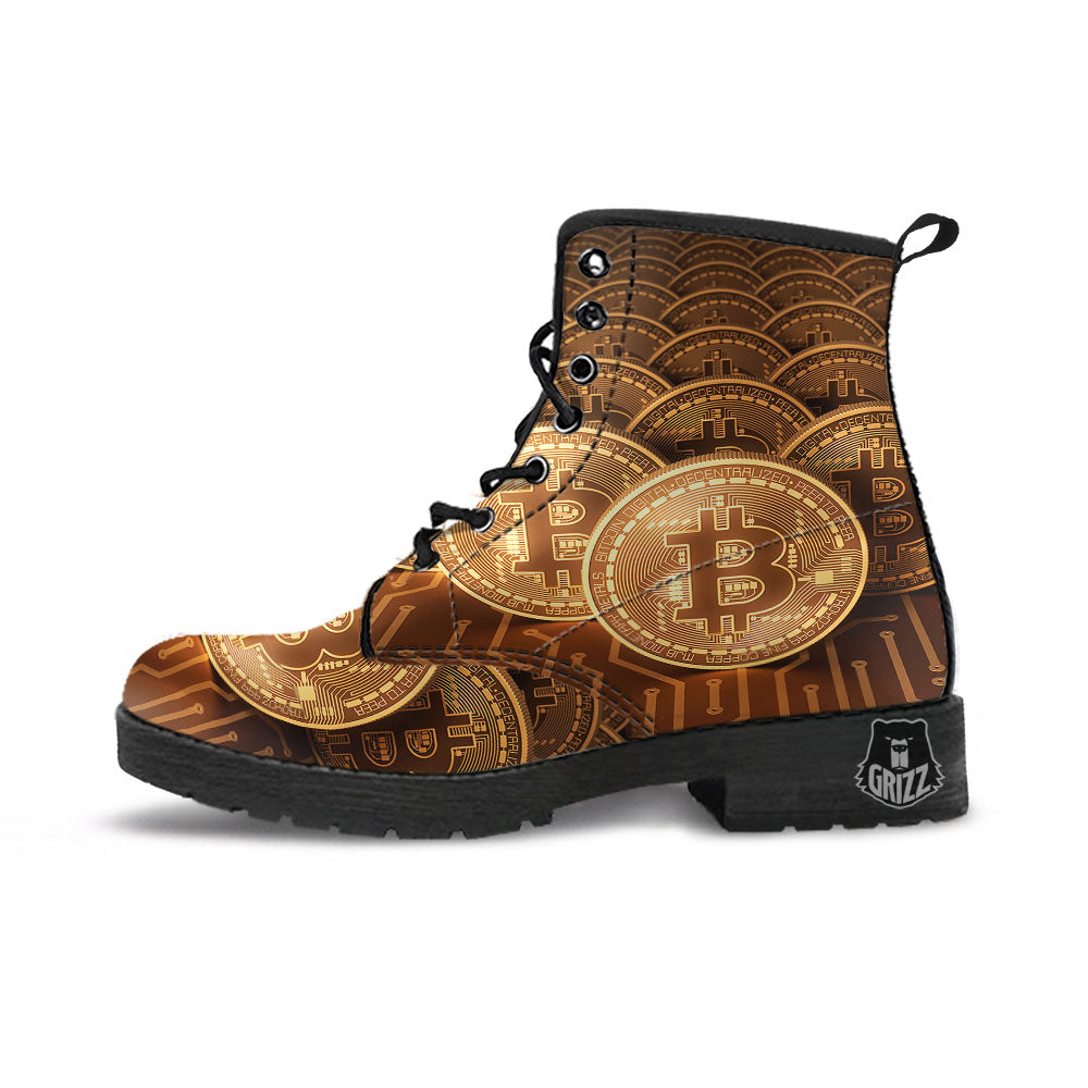 Bitcoin Symbol Gold Print Leather Boots-grizzshop