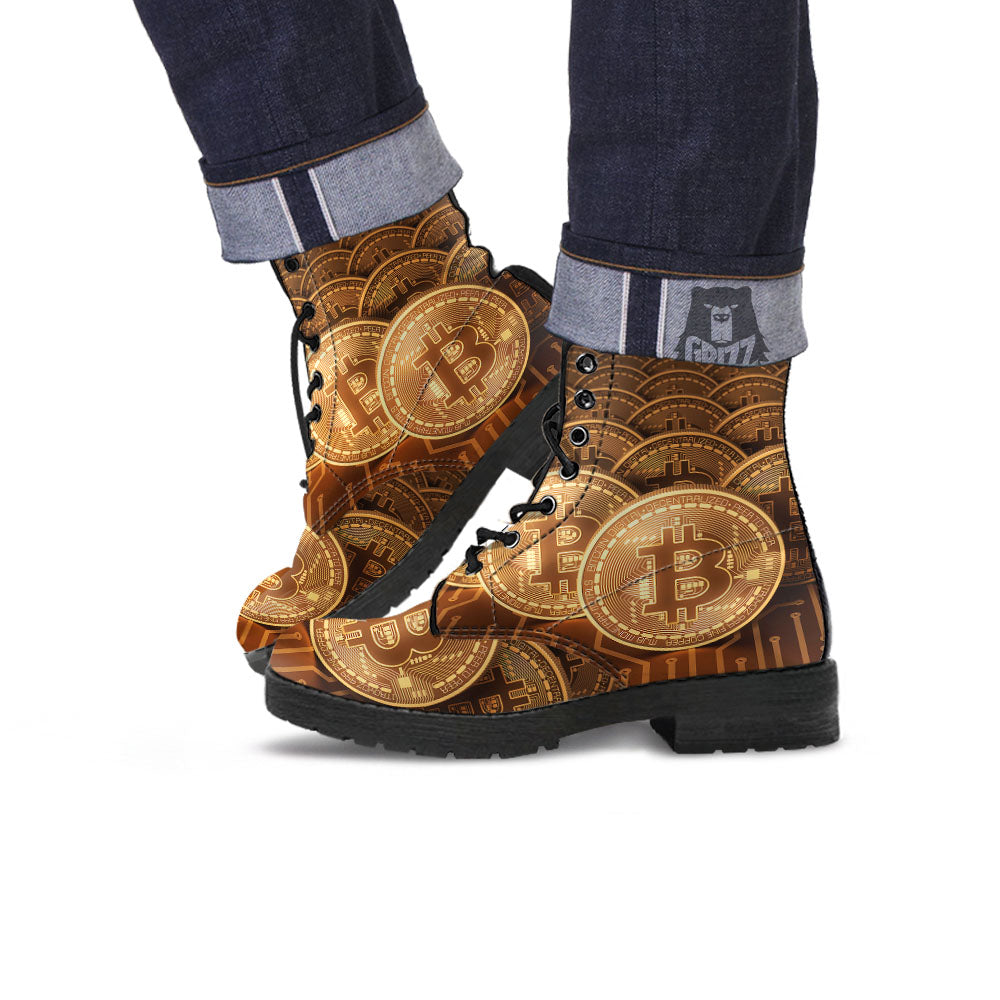 Bitcoin Symbol Gold Print Leather Boots-grizzshop