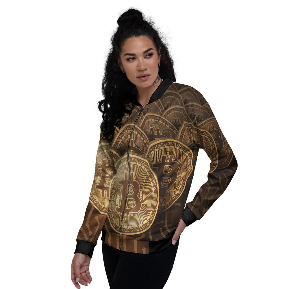 Bitcoin Symbol Gold Print Women's Bomber Jacket-grizzshop