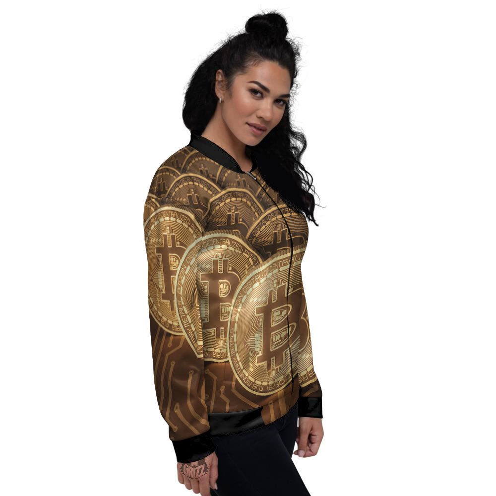 Bitcoin Symbol Gold Print Women's Bomber Jacket-grizzshop
