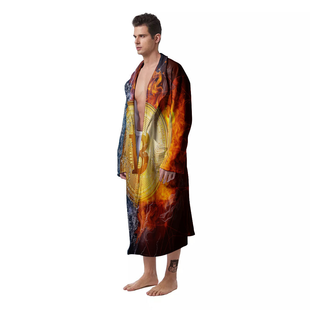 Bitcoin Water And Fire Print Men's Robe-grizzshop