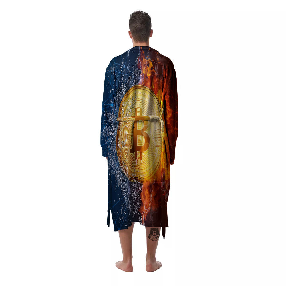 Bitcoin Water And Fire Print Men's Robe-grizzshop