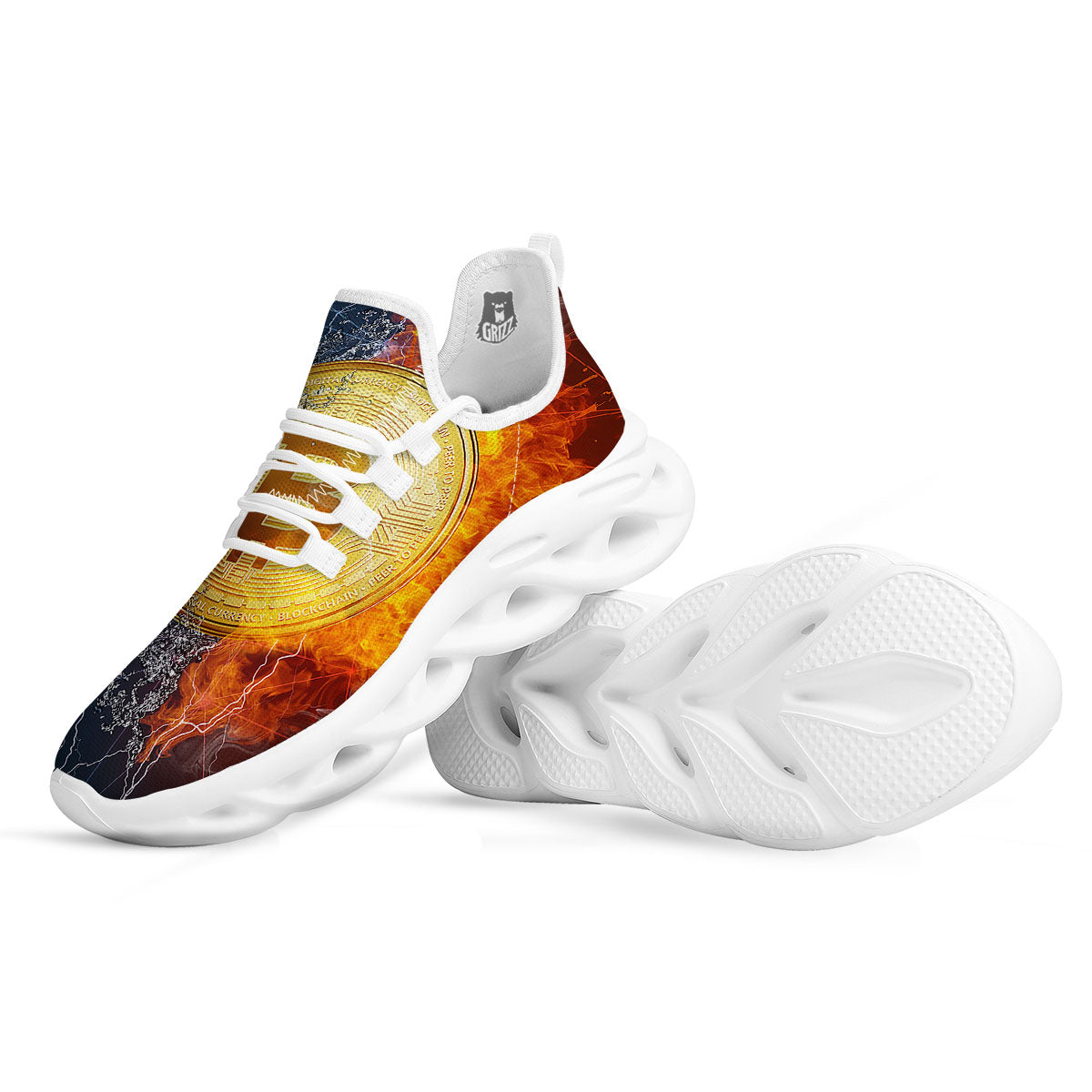 Bitcoin Water And Fire Print White Running Shoes-grizzshop