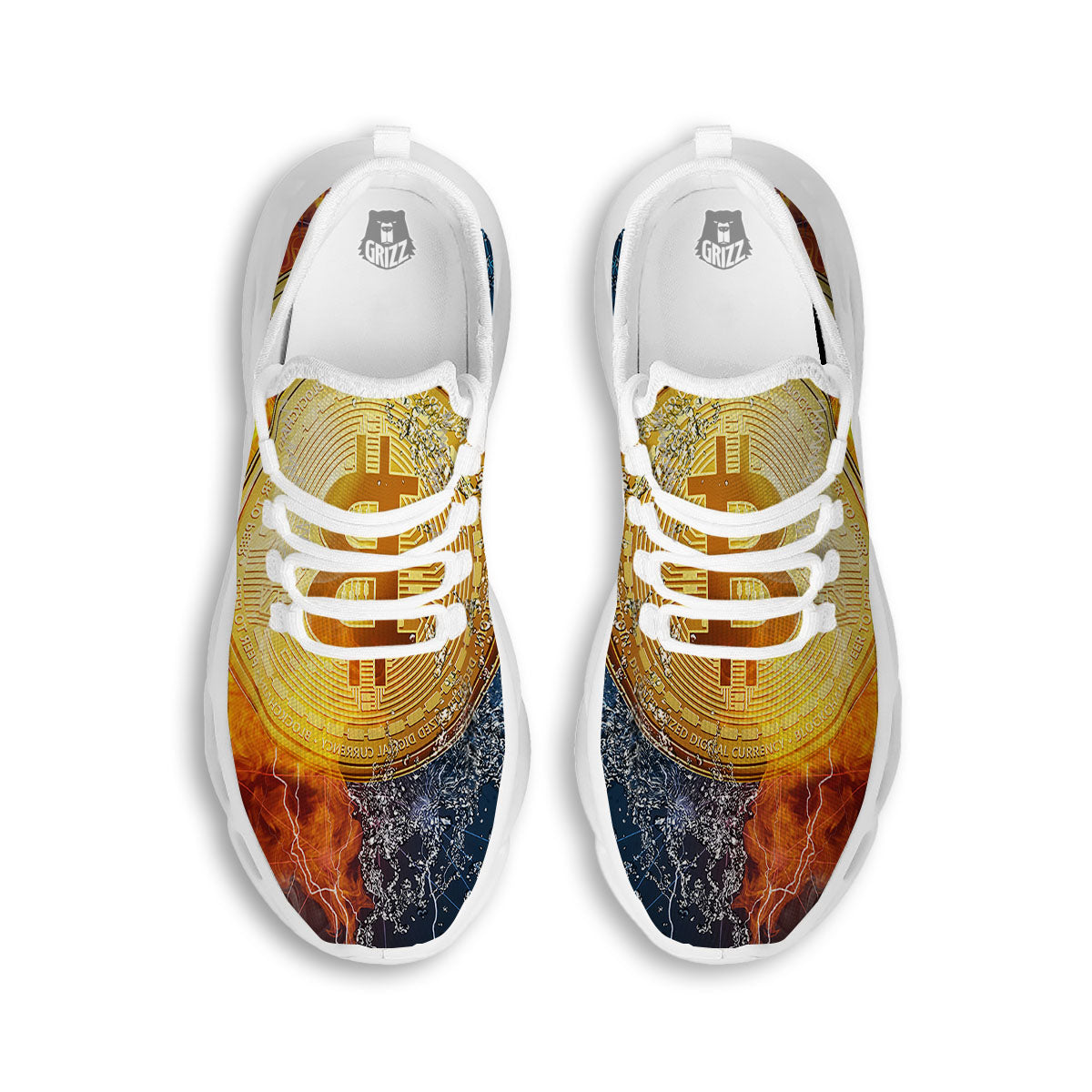 Bitcoin Water And Fire Print White Running Shoes-grizzshop