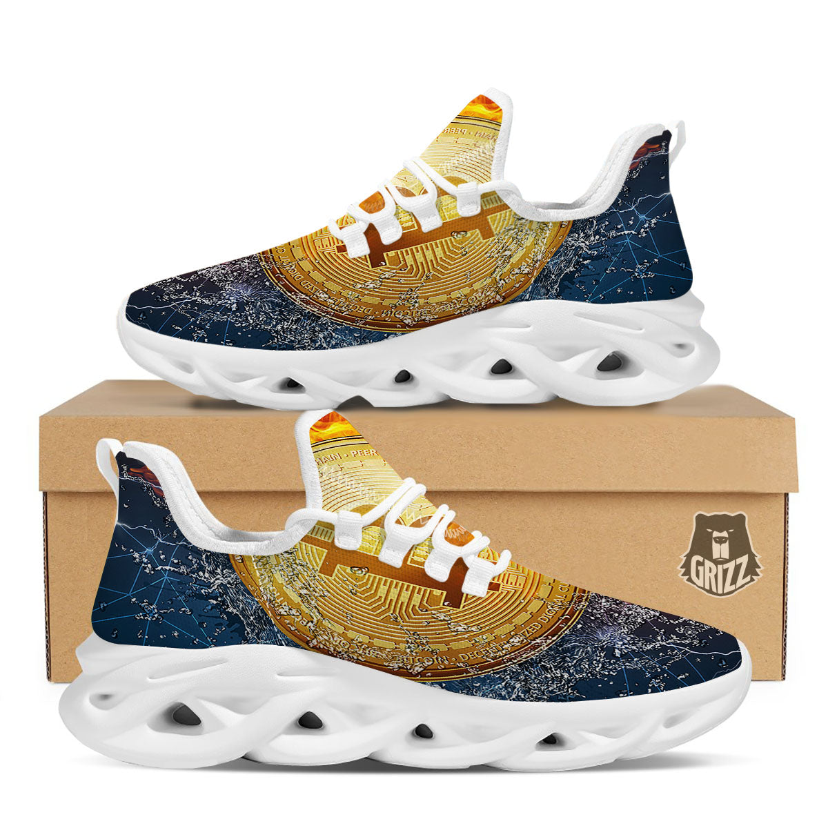 Bitcoin Water And Fire Print White Running Shoes-grizzshop