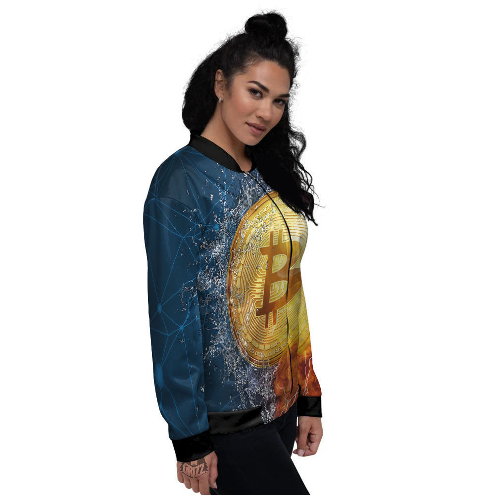 Bitcoin Water And Fire Print Women's Bomber Jacket-grizzshop