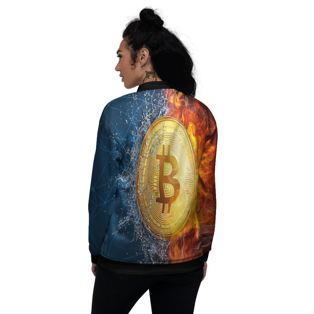Bitcoin Water And Fire Print Women's Bomber Jacket-grizzshop
