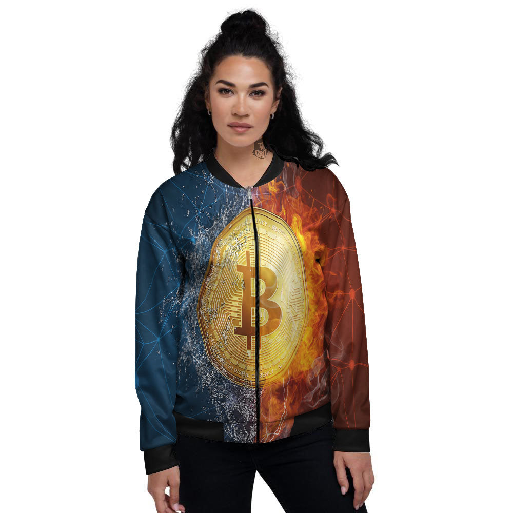 Bitcoin Water And Fire Print Women's Bomber Jacket-grizzshop