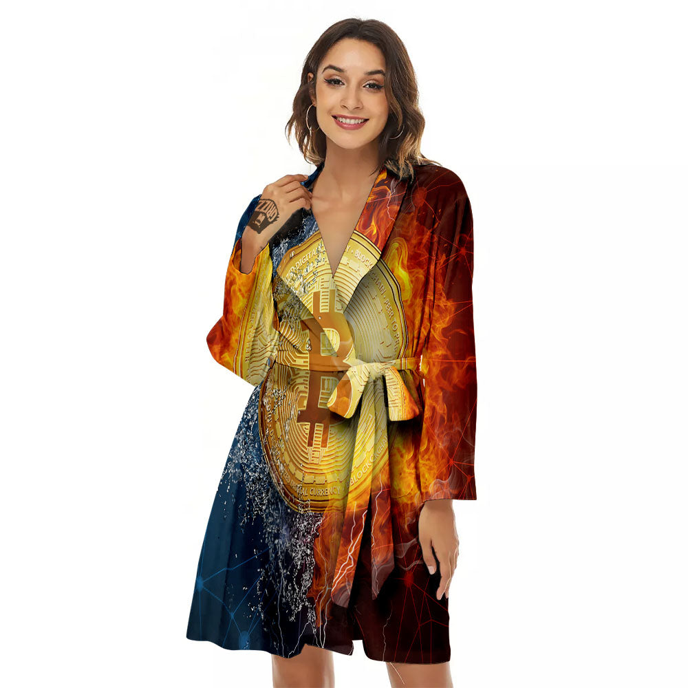 Bitcoin Water And Fire Print Women's Robe-grizzshop