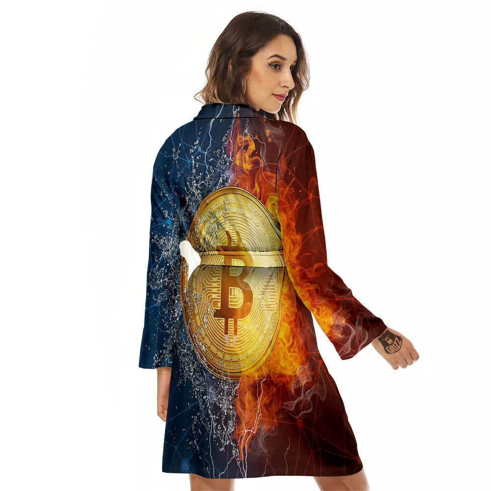 Bitcoin Water And Fire Print Women's Robe-grizzshop