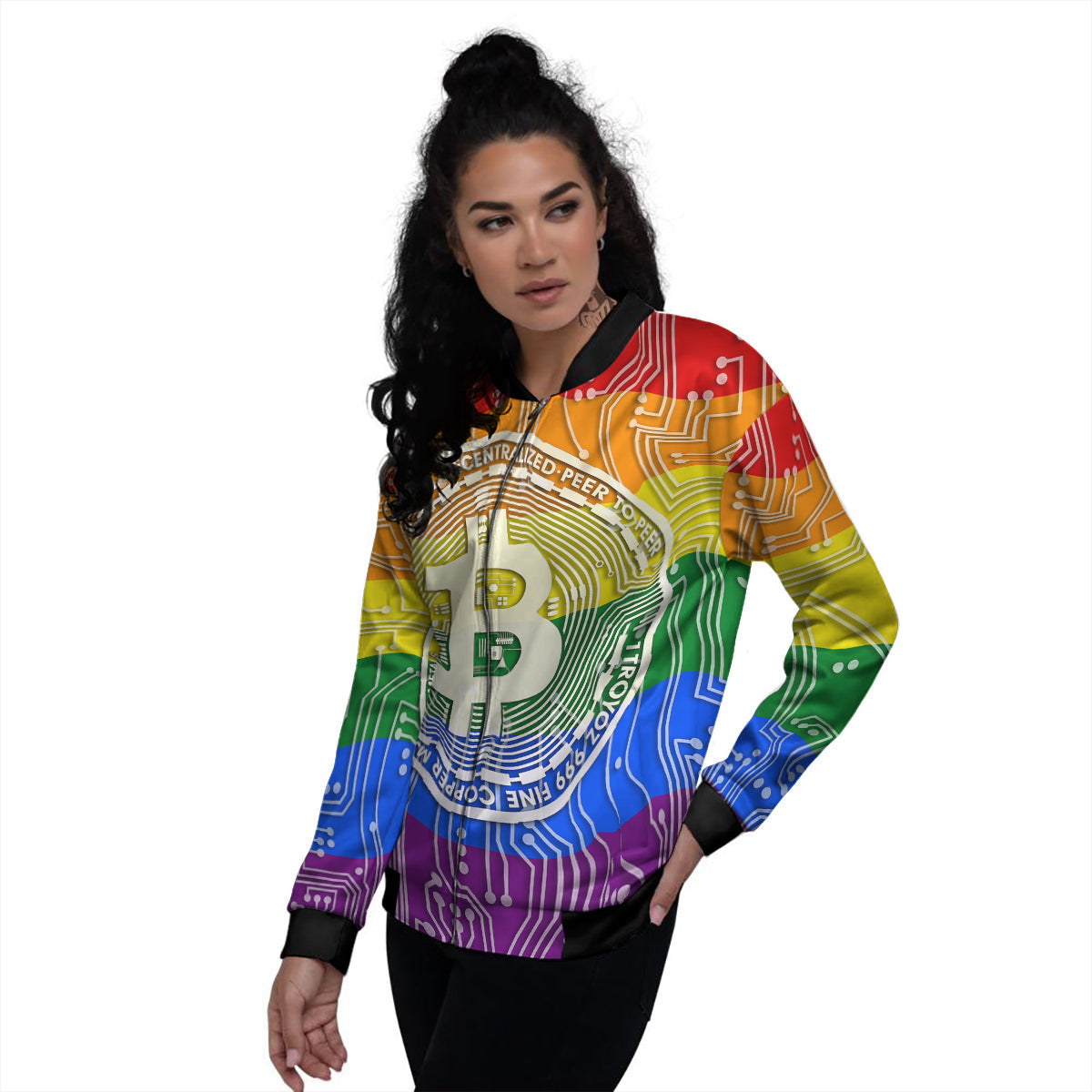 Bitocin LGBT Flag Print Women's Bomber Jacket-grizzshop