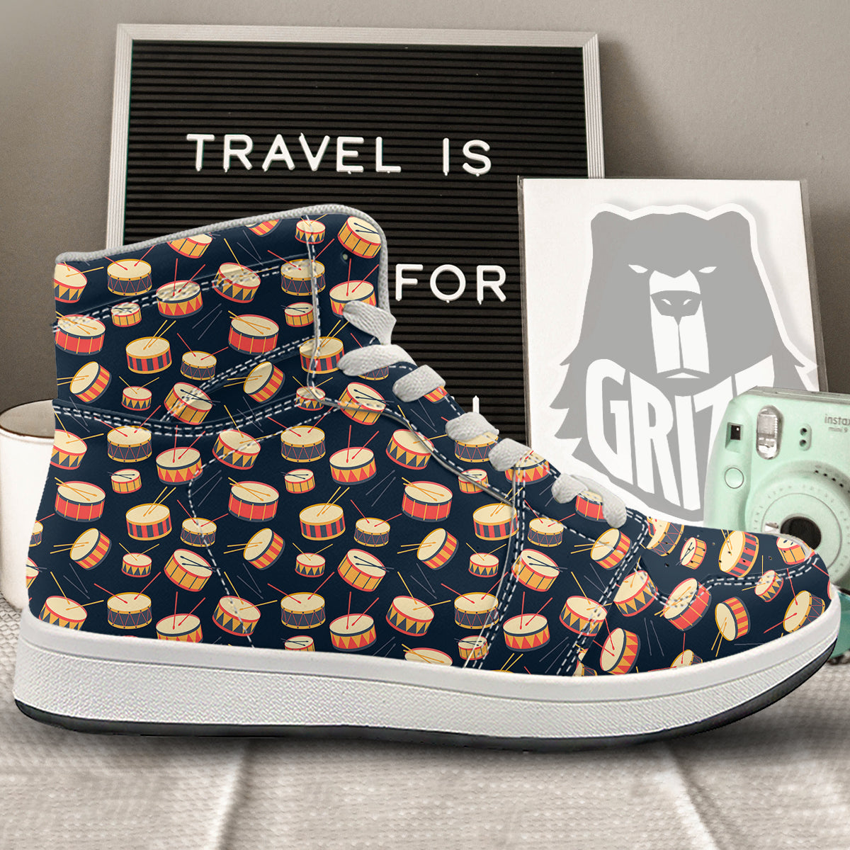Black And Beige Drum Print Pattern High Top Sneakers-grizzshop
