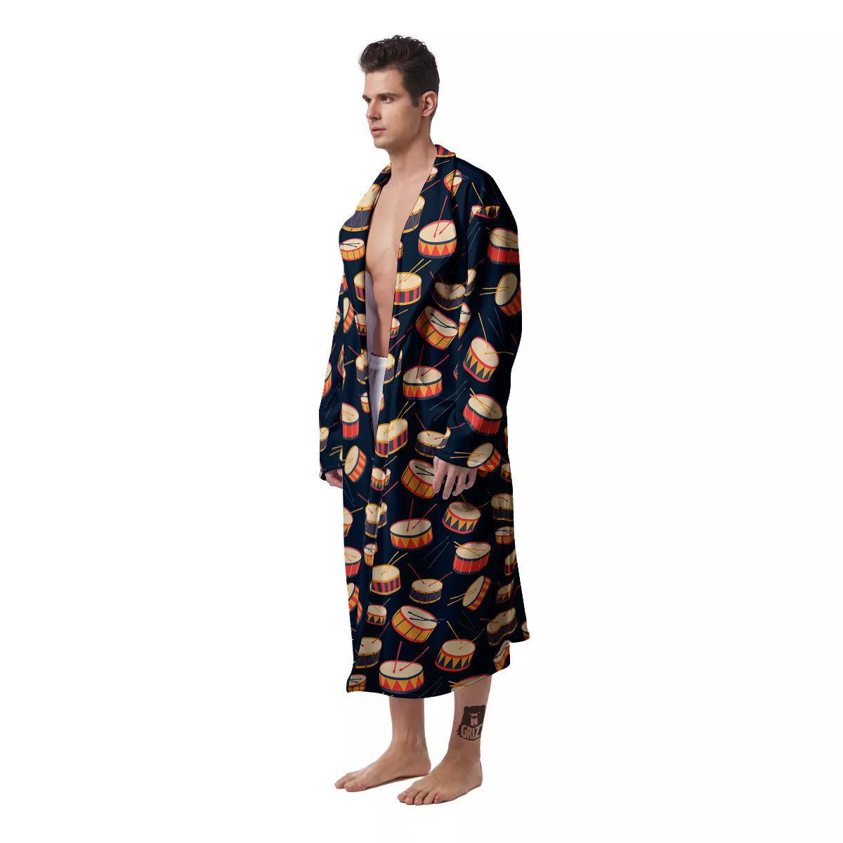 Black And Beige Drum Print Pattern Men's Robe-grizzshop