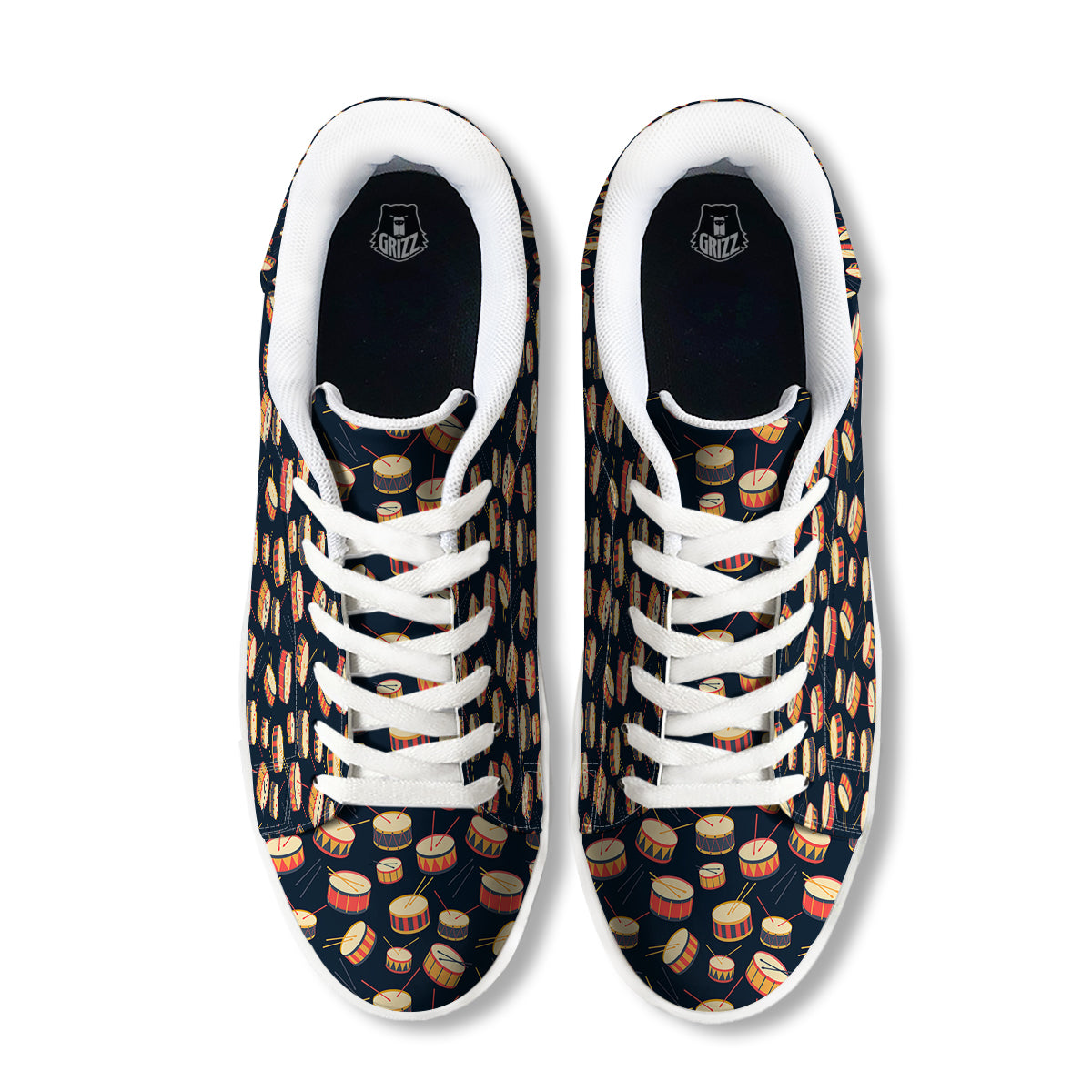 Black And Beige Drum Print Pattern White Low Top Sneakers-grizzshop