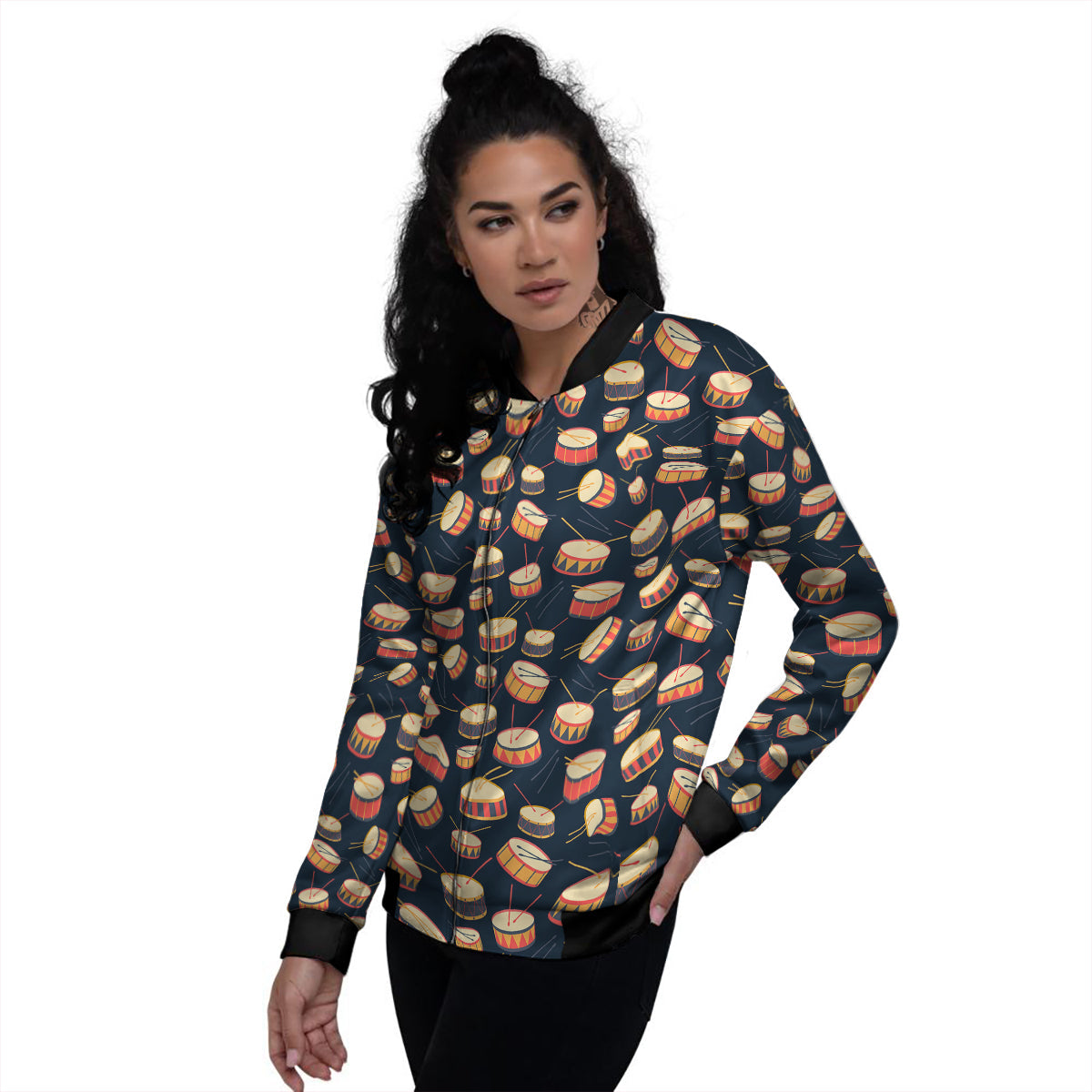 Black And Beige Drum Print Pattern Women's Bomber Jacket-grizzshop